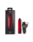 Poppy Red Rechargeable Bullet Vibrator in packaging with USB charger, showcasing sleek design and powerful features.
