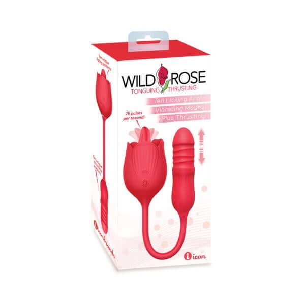 Wild Rose Licking & Thrusting Vibrator, Dual Motor, USB Rechargeable, Waterproof, in red packaging showing product and features