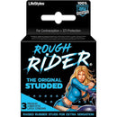 Rough Rider Studded Condoms 3 Pack packaging featuring textured condoms for enhanced intimacy and protection.