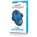 Screaming O Charged Yoga Rechargeable Vibe Ring Blue packaging showcasing its double-sided design and features.