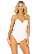 Leg Avenue Strapless Vinyl Bodysuit Small White worn by a model with styled hair and makeup.