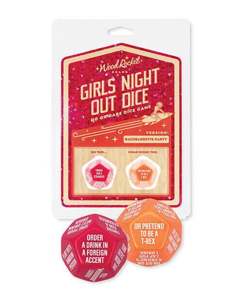 Girls Night Out Dice game set for bachelorette parties with fun activities like ordering a drink in a foreign accent and pretending to be a T-Rex.