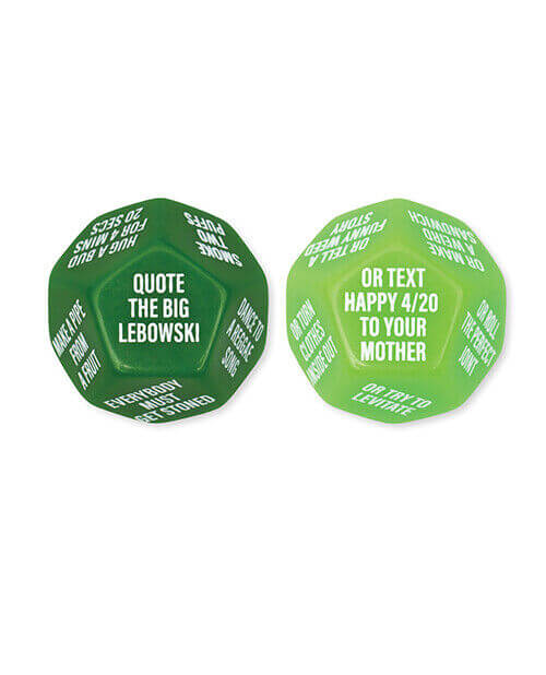 Stoner Party Dice Game - Puff Puff Play with green and dark green 12-sided dice showing fun do or dare instructions.