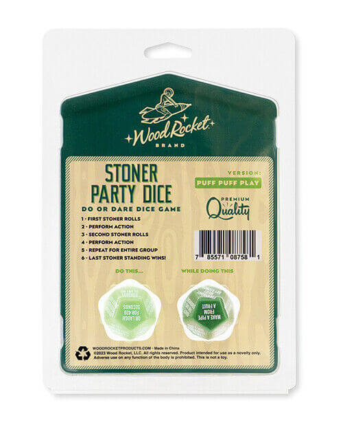 Stoner Party Dice Game - Puff Puff Play packaging with two 12-sided dice and instructions for an entertaining do or dare party game.