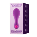 Femme Funn Solia Bullet Flat Tipped Vibrator Purple packaging featuring textured design and specifications.