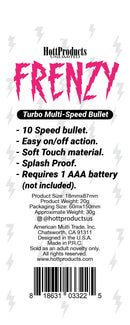Hott Products Frenzy Power Bullet Vibrator Black packaging and features, showcasing 10 speed options and soft touch material.
