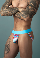 Male Power So Cumfy Gingham Jock Turquoise S/M showcasing a playful print and comfort on a muscular model.