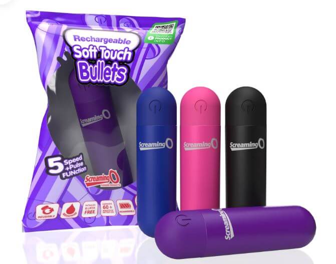 Screaming O Soft Touch Rechargeable Bullet vibrators in assorted colors with packaging, offering sensual pleasure and five speeds.