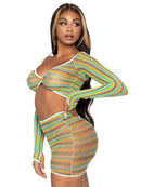 2 Pc Zig Zag Net Crop Top and Mini Dress One Size Green worn by a model, showcasing vibrant colors and unique design.