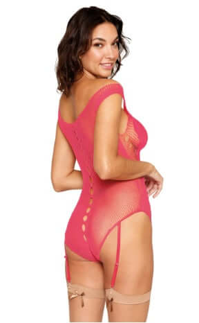 Woman modeling Seamless Butterfly Garter Teddy in Watermelon with intricate rhinestone accents and open-crotch design.