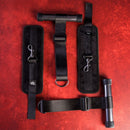 SEI MIO Doorway Control Play Adjustable Over Door Cuff Restraints components including straps and cuffs on red background.