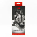 SEI MIO Neck Firmly in Check Adjustable Neck & Wrist Restraint Kit packaging with couple in playful restraint.