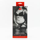 SEI MIO Perfectly Pegged Adjustable Strap-On Harness 5 inch Dildo packaging with model wearing harness.