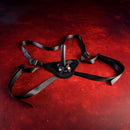 SEI MIO Perfectly Pegged Adjustable Strap-On Harness 5 inch Dildo on a red background.