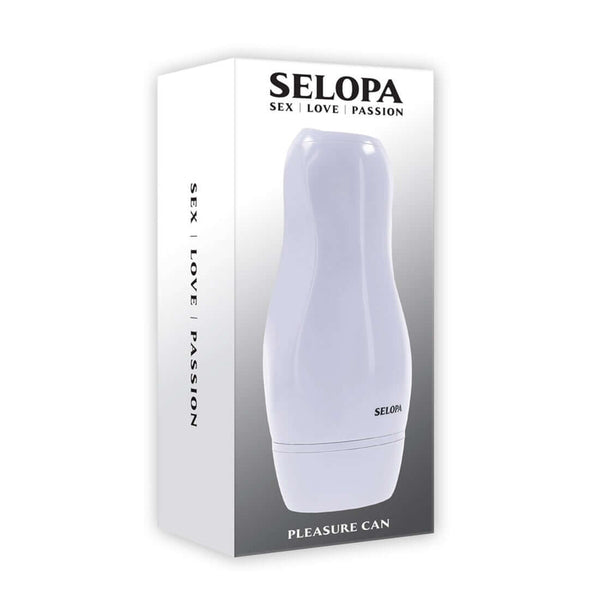 Selopa Pleasure Can discreet vibrating stroker in easy-grip white case packaging