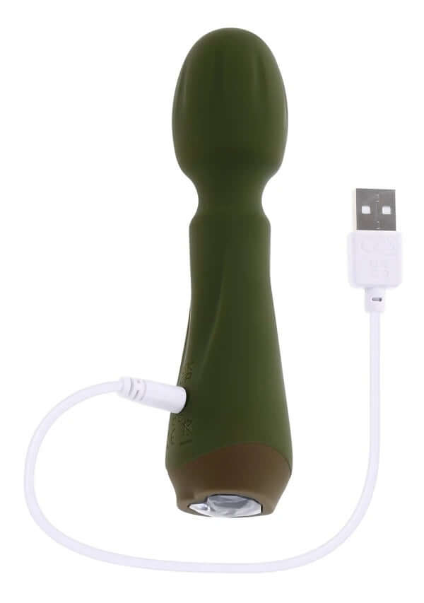 SELOPA Heartfelt Petite Wand Vibrator with USB charging cable connected on white background