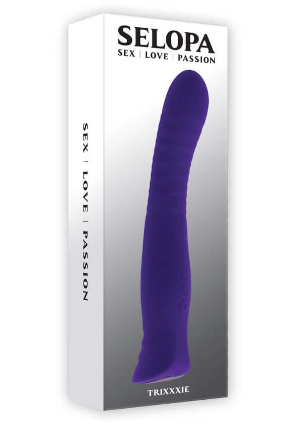 Selopa Trixxxie Vibrator in packaging, showcasing its flexible and textured design with 7 vibration modes, USB rechargeable.