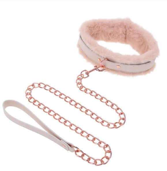 Peach faux fur collar and leash with rose gold hardware, luxurious and adjustable fit for an elevated playtime experience