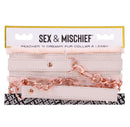 Peach faux fur collar and leash set with rose gold hardware, branded Sex & Mischief packaging.