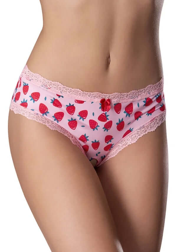 Sweet Treats Crotchless Boy Short with Edible Lube in Strawberry print, featuring silky microfiber fabric and delicate lace trim in S/M size