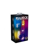 RealRock Vibrating Dildo 8 inch with Balls and Remote Control packaging featuring colorful design and remote.