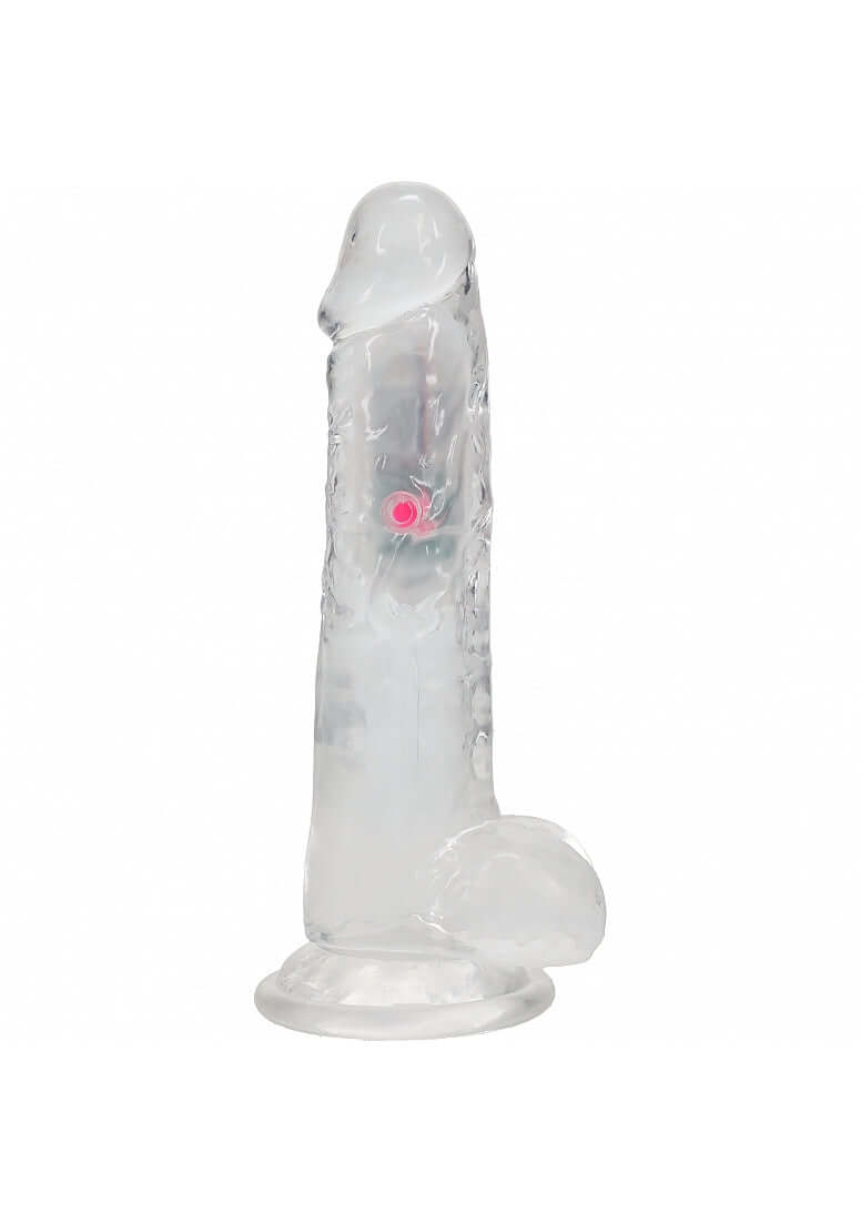 RealRock Vibrating Dildo 8 inch with Balls and Remote Control on a white background.