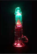 RealRock Vibrating Dildo 8 inch with Balls and Remote Control, featuring vibrant LED lights.