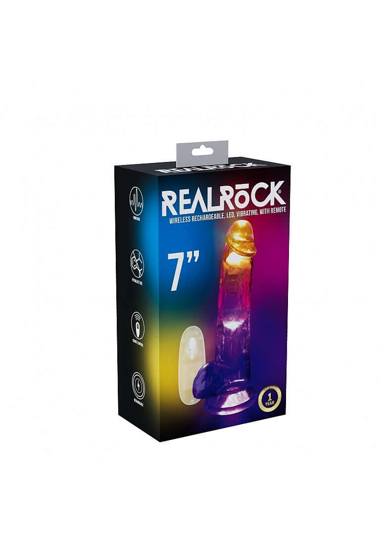 RealRock Vibrating Dildo 7 inch with Balls and Remote Control packaging with vibrant colors and features.