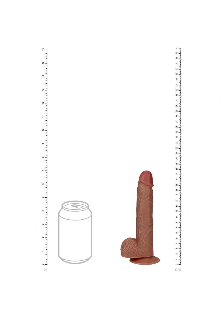 RealRock Vibrating Cock with Balls 7 inch Caramel beside a can for size comparison.