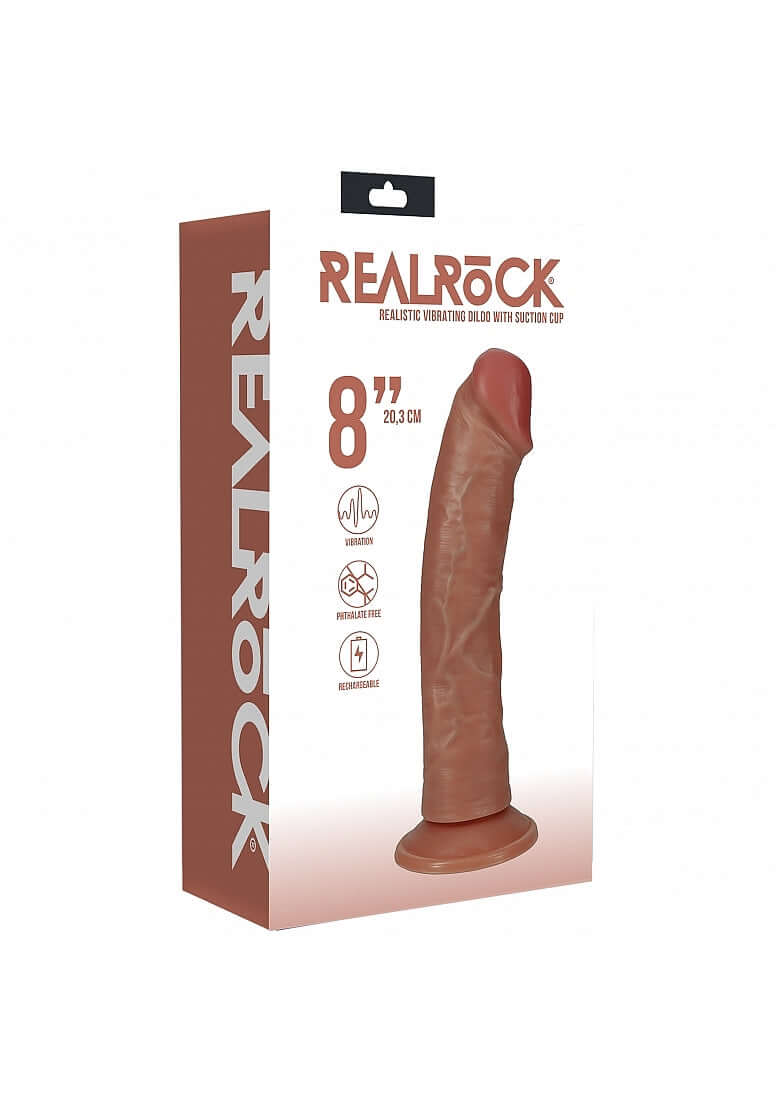RealRock Vibrating Cock Regular Curved 8 inch Caramel packaging with suction cup display.