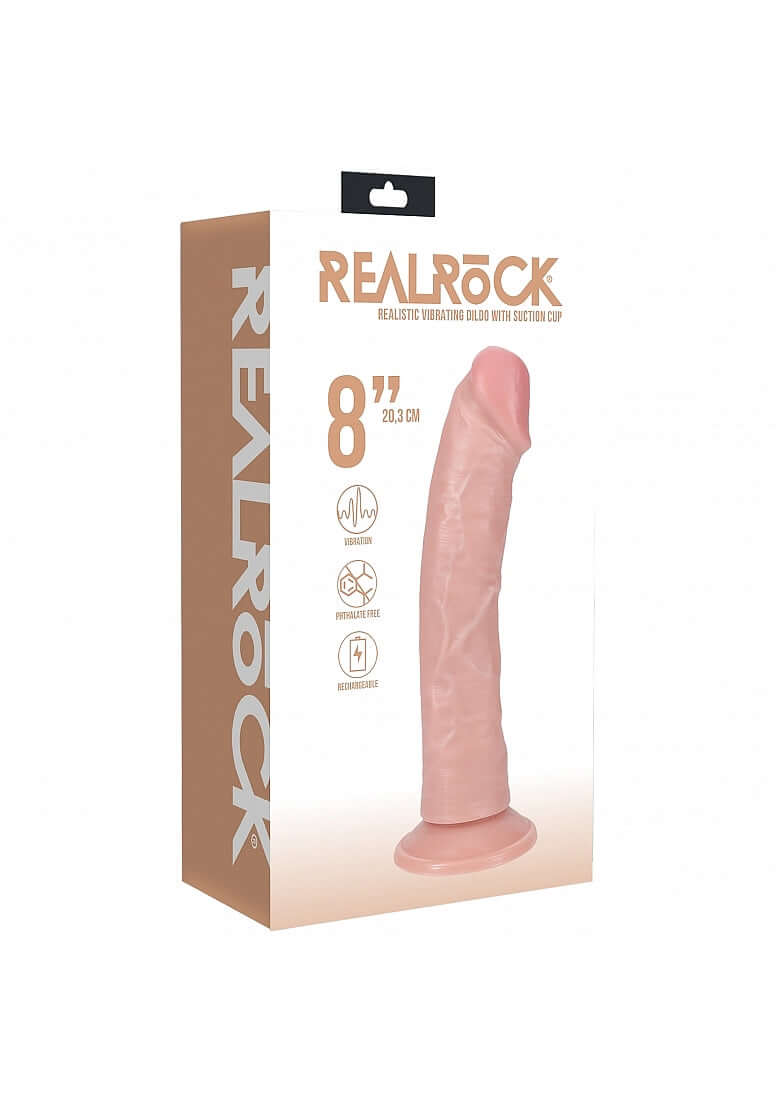 RealRock Vibrating Cock Regular Curved 8 inches Vanilla packaging showcasing its realistic design and features.