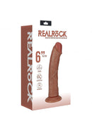 RealRock Vibrating Cock Regular Curved 6 inches Caramel product packaging with detailed features and suction cup.
