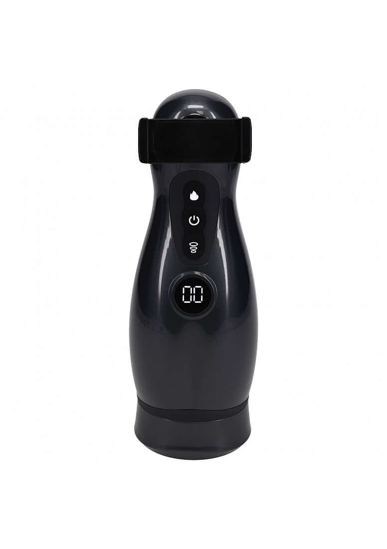 Pumped Virtuo 10 Function Masturbator with Phone Attachment in sleek black design with user interface buttons.