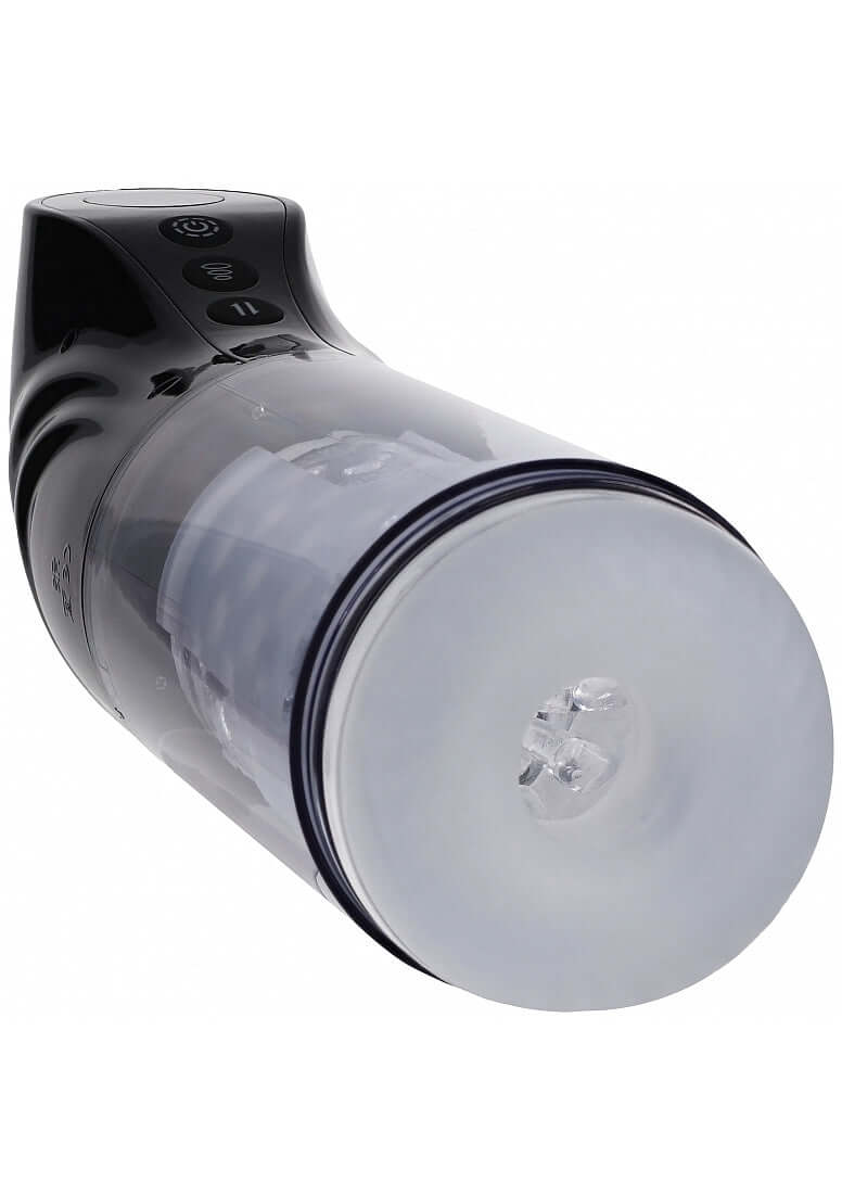 Pumped StrokeMate Rechargeable Multifunction Masturbator showcasing its sleek design and smooth sleeve.