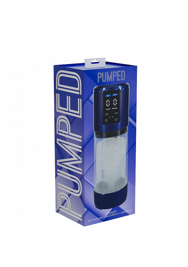 Pumped UltraLift 10 Function Rechargeable Masturbator Blue packaging showcasing its features and design.