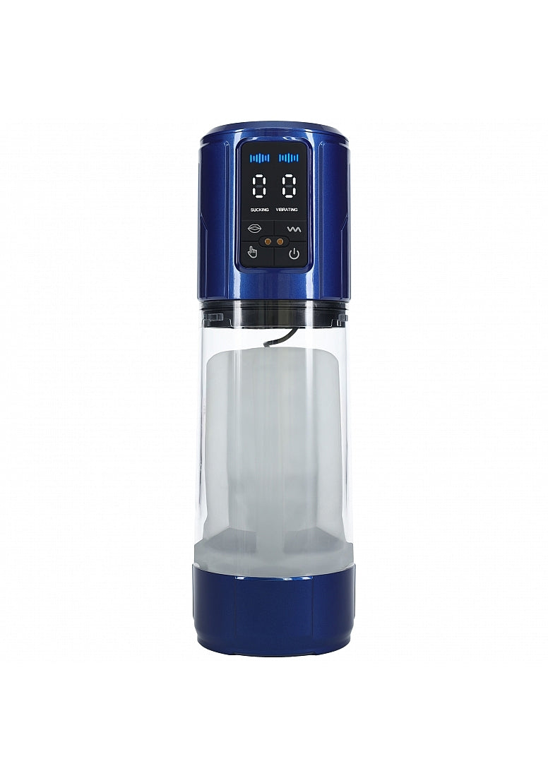 Pumped UltraLift 10 Function Rechargeable Masturbator Blue, featuring a stylish blue design and control interface.