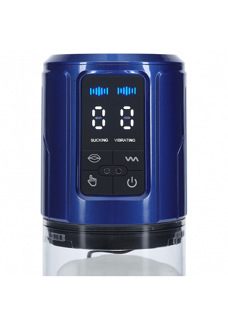 Pumped UltraLift 10 Function Rechargeable Masturbator Blue control panel with buttons and display.