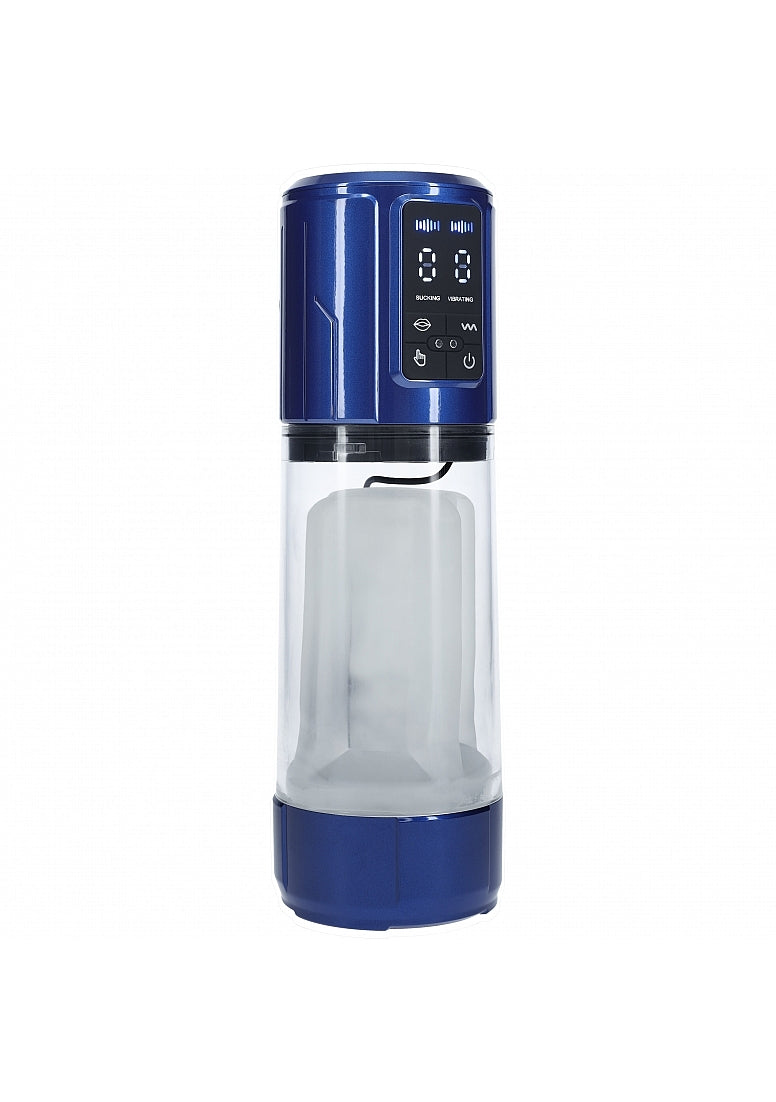 Pumped UltraLift 10 Function Rechargeable Masturbator Blue shown front view, features user-friendly control panel.