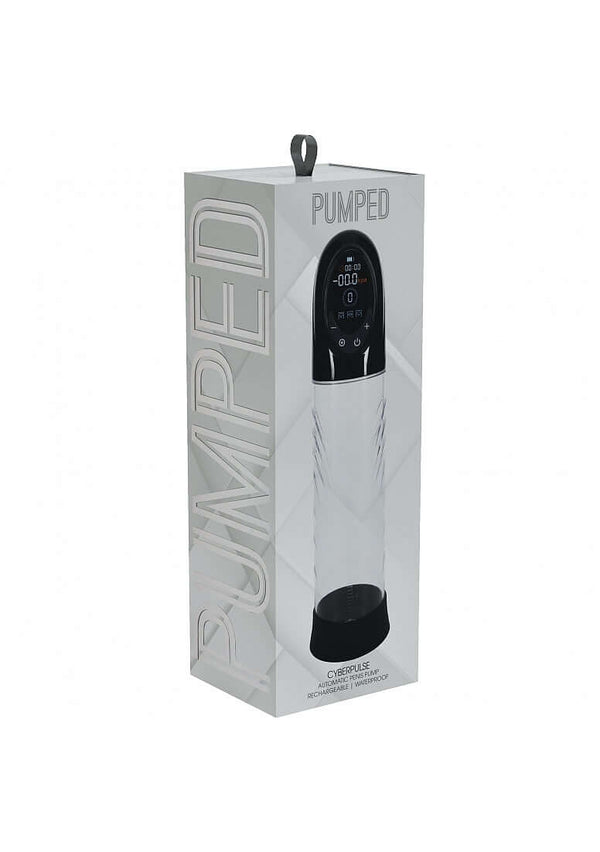 Pumped CyberPulse 13 Function Automatic Penis Pump Black packaging view with display settings