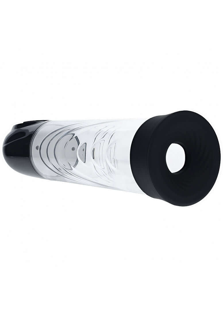 Pumped CyberPulse 13 Function Automatic Penis Pump Black showcasing a sleek design with clear cylinder and black accents.