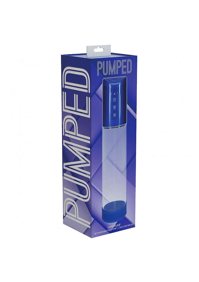 Pumped HyperPump Automatic Penis Pump Blue packaging displayed on a white background.