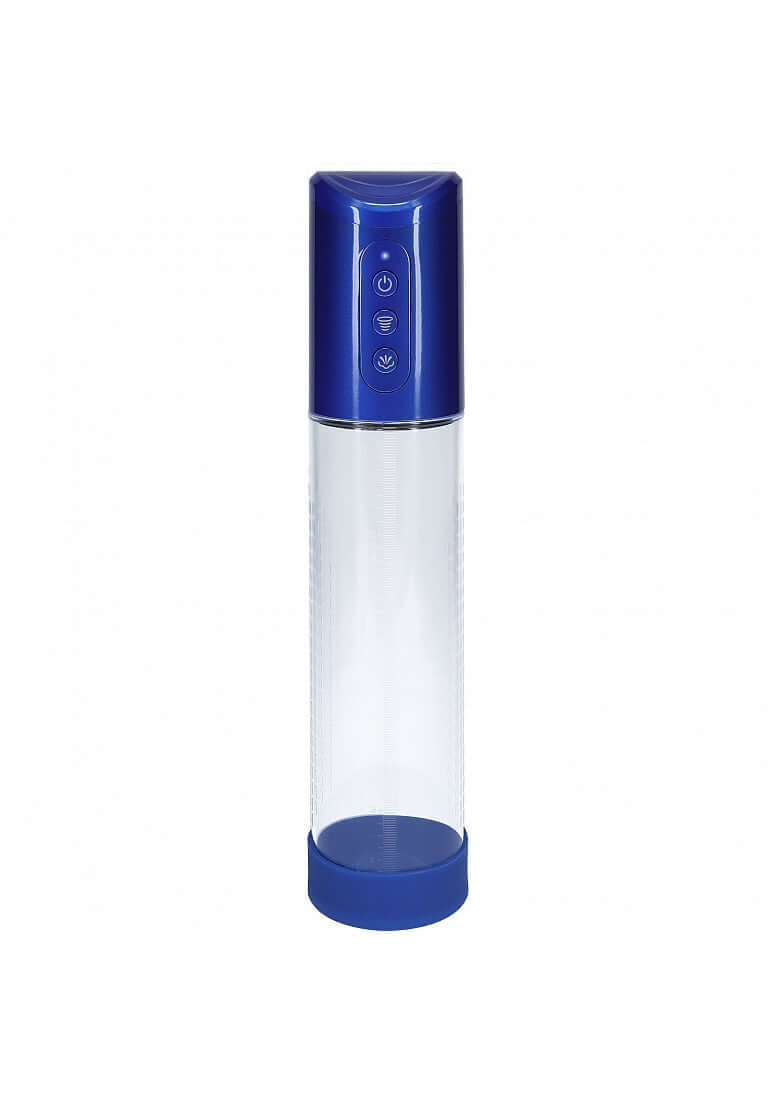 Pumped HyperPump Automatic Penis Pump Blue displayed in a clear and blue design, showcasing its user-friendly control features.