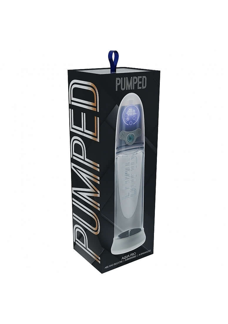 Pumped Aqua Pro Submersible Automatic AI Tech Penis Pump packaging with sleek design and user-friendly display.