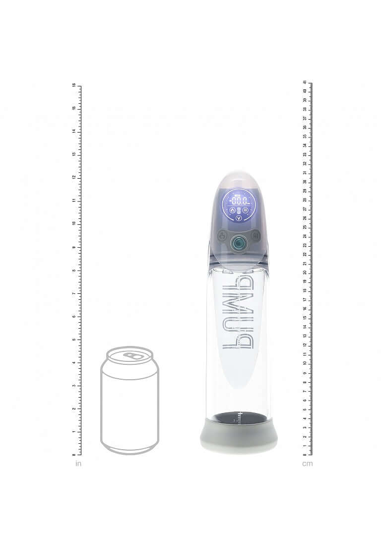 Pumped Aqua Pro Submersible Automatic AI Tech Penis Pump with size reference next to a soda can.