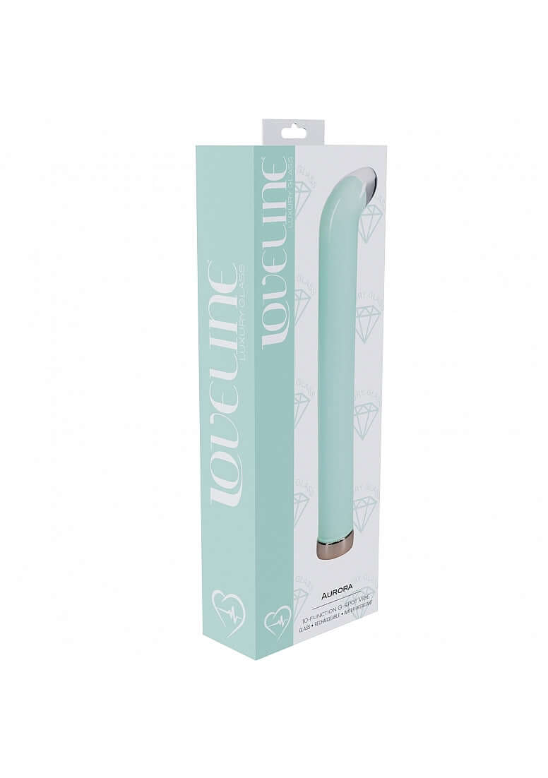 Loveline Aurora 10 Function G-Spot Glass Vibrator 6.3 inch Green in elegant packaging.