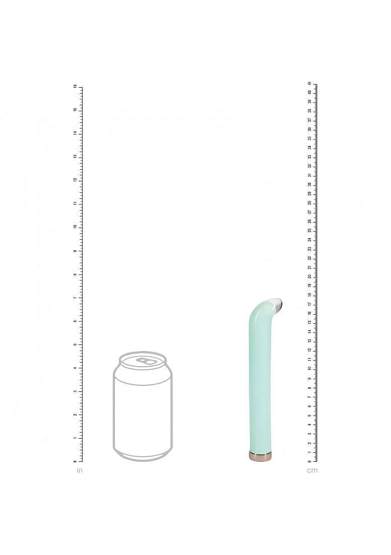 Loveline Aurora 10 Function G-Spot Glass Vibrator 6.3 inch Green next to a soda can for size comparison.