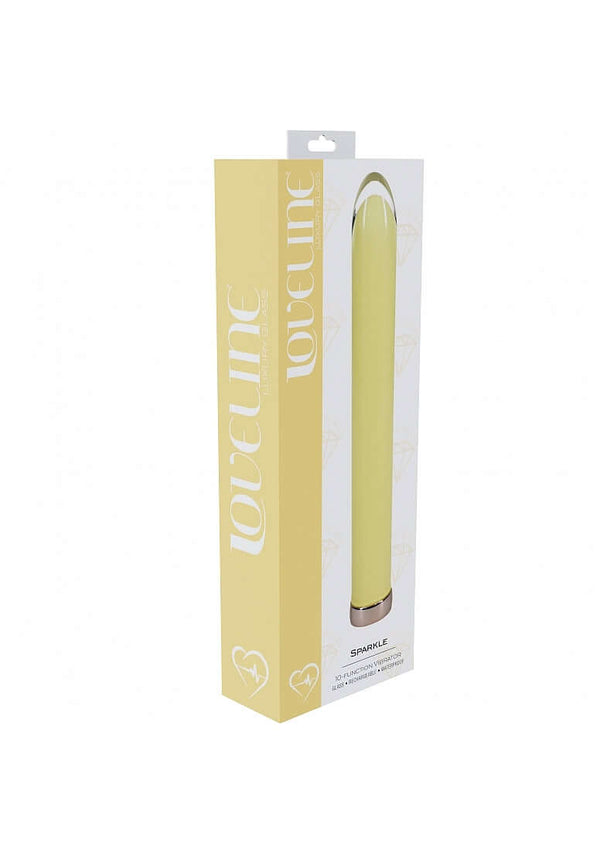 Loveline Sparkle 10 Function Glass Vibrator 6.3 inch Yellow in elegant packaging with a sleek design.