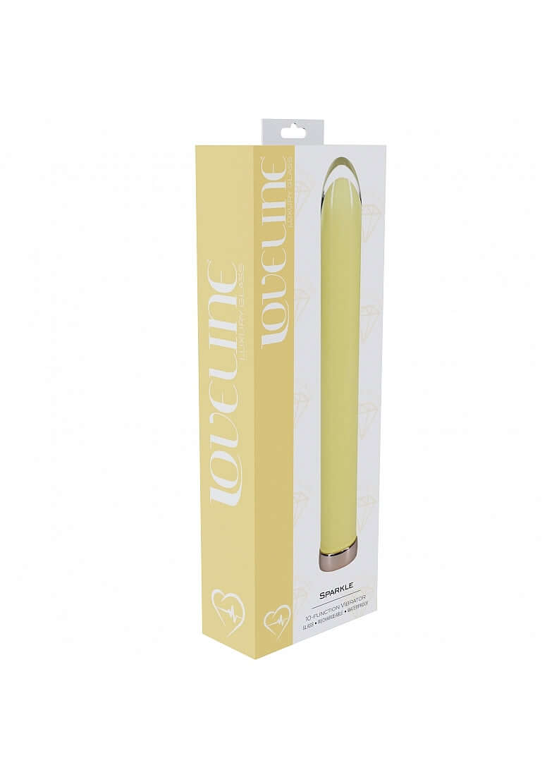 Loveline Sparkle 10 Function Glass Vibrator 6.3 inch Yellow in elegant packaging with a sleek design.