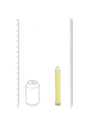 Loveline Sparkle 10 Function Glass Vibrator 6.3 inch Yellow next to a soda can for size comparison.