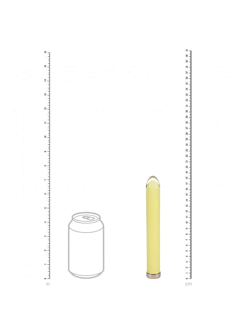 Loveline Sparkle 10 Function Glass Vibrator 6.3 inch Yellow next to a soda can for size comparison.